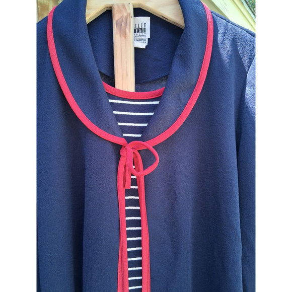 Women's Leslie Fay Petite 14P Navy Blue Red Striped 2-Piece Cardigan Set NWT - Picture 2 of 12